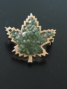 Vibtage 1970's Canadian Maple Green Leaf-Shaped Brooch Pin with Gold Trim